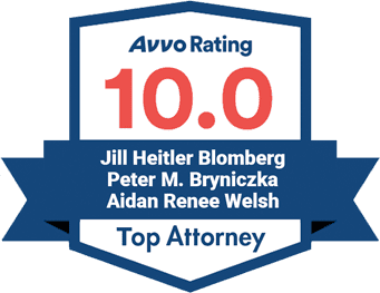 Avvo 10.0 rating badge for SG Family Law attorneys Jill Blomberg, Peter Bryniczka, and Aidan Welsh in Connecticut.