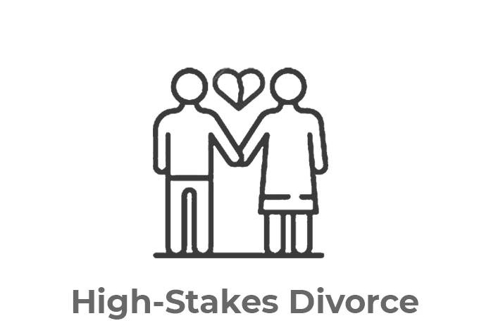 Black and white icon of a man and woman holding hands with a broken heart symbol above them, representing emotional conflict. The text below reads "High-Stakes Divorce."