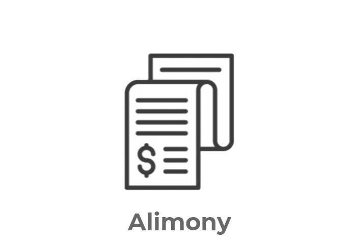 Black and white icon of two overlapping documents, with one displaying a dollar sign and horizontal lines indicating text. Below the icon is the word "Alimony."