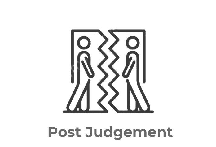 Black and white icon of two stick-figure people facing each other with a jagged, broken line separating them, symbolizing conflict or separation. Text below reads "Post Judgement."