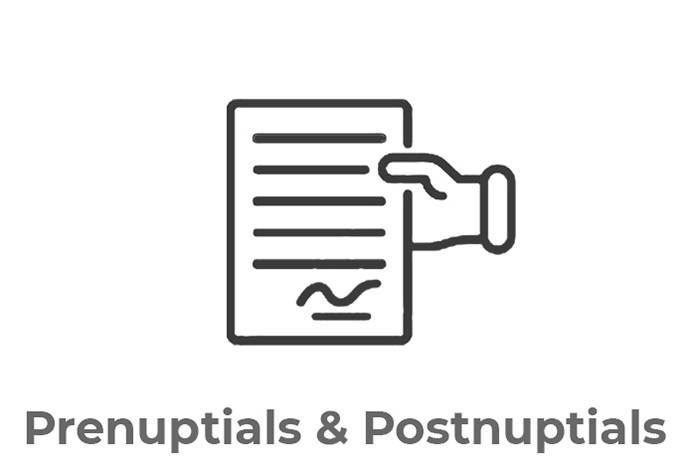 Black and white icon of a hand holding a document with horizontal lines and a signature at the bottom, representing legal paperwork. Text below reads "Prenuptials & Postnuptials."